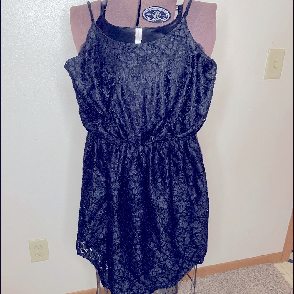 Xhilaration Black adjustable spaghetti strap lacy dress with satin underlay